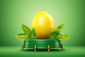 ai generado limón en transparente podio con verde antecedentes. foto