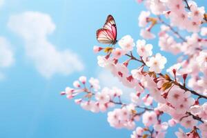 AI generated Sakura branch with blue butterfly against blue sky photo