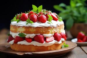 AI generated Strawberry Summer Cake with Cream Cheese and Fresh Strawberries photo