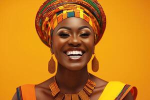 Joyful African woman celebrates her vibrant cultural heritage photo