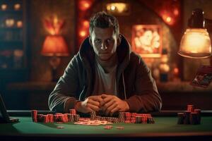 AI generated Man addicted to online gambling at home. photo