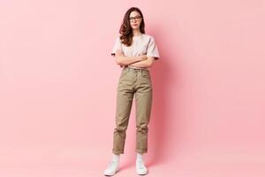 AI generated Satisfied lady in khaki clothes stands confidently photo