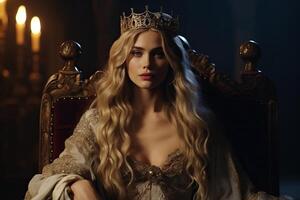 medieval princesa en gótico habitación con dorado corona y largo rubia pelo foto