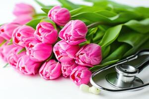 AI generated Bunch of pink tulips and stethoscope on white background. National Doctors day. Happy nurse day. photo