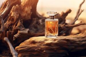 AI generated Transparent perfume bottle with woody notes on aged wooden snag photo