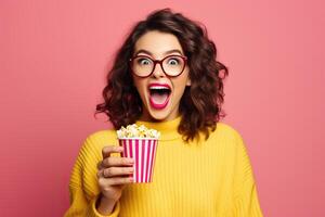 AI generated Millennial lady with brunette hair celebrates with popcorn and soda. photo