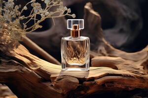 AI generated Transparent perfume bottle with woody notes on aged wooden snag photo