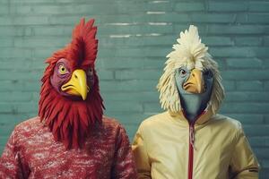 Playful couple in chicken costumes posing photo