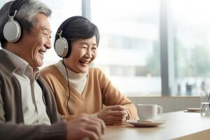 AI generated Elderly Japanese couple intrigued by AI speaker. photo