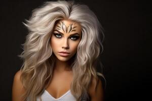 Lion-themed Halloween makeup on young woman photo
