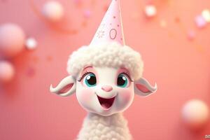 ai generado dibujos animados oveja celebra eid adha o cumpleaños con un sonrisa. foto