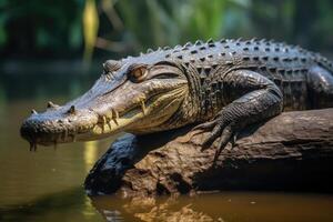 AI generated Young crocodile on stick in Sri Lanka river. photo