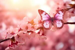 ai generado primavera naturaleza escena con floreciente árbol y mariposa foto