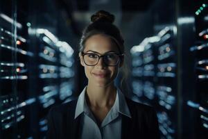 AI generated Smiling female technician in server room. photo