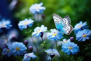 AI generated Beautiful butterfly on blue flowers photo