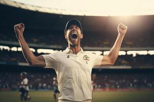 ai generado jugador de cricket celebra victoria con alegre expresión. foto