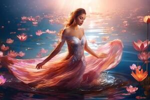 Young fantasy woman dances on water with butterfly wings photo