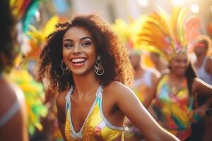 ai generado alegre brasileño carnaval celebracion con bailando mujer foto