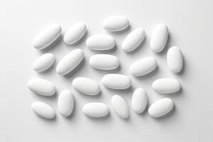 AI generated Collection of white oval pills in various angles photo