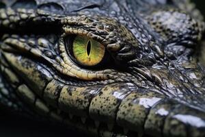 AI generated Closeup photo of smiling crocodile with eye contact.