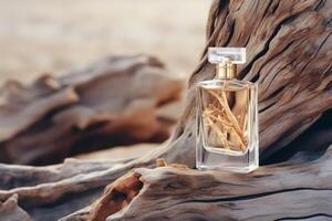 AI generated Transparent perfume bottle with woody notes on aged wooden snag photo