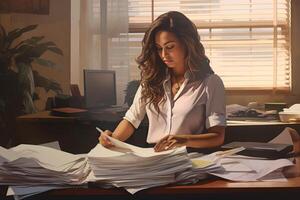 Busy businesswoman in office with paperwork photo