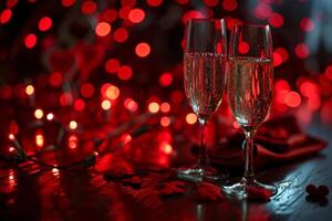 AI generated Valentine's-themed champagne with red bokeh on dark background. photo