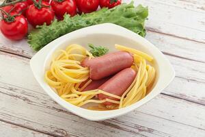 Mini sausages with pasta spaghetti photo