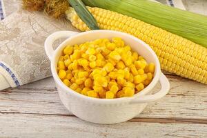 Canned yellow corn in the bowl photo