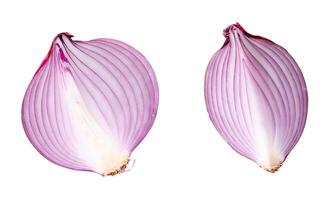 Top view of fresh red or purple onion half and slice or quarter in set isolated on white background with clipping path photo