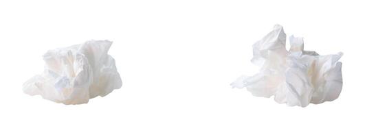 Front view of white screwed or crumpled tissue paper or napkin in set in strange shape after use in toilet or restroom isolated on white background with clipping path photo