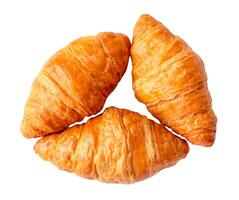 Top view set of three fresh croissants isolated on white background with clipping path photo