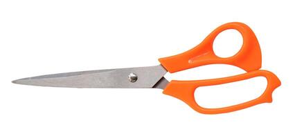 Top view of multipurpose scissors with orange handle isolated on white background with clipping path photo