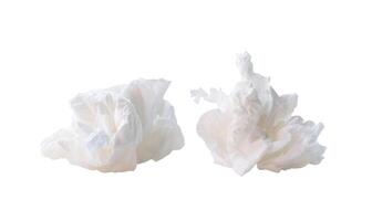 Front view of white screwed or crumpled tissue paper or napkin in set in strange shape after use in toilet or restroom isolated on white background with clipping path photo