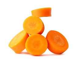 Front view of beautiful orange carrot slices in stack isolated on white background with clipping path photo