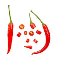 Top view set of red chili pepper with slices or pieces isolated on white background with clipping path photo