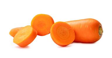 Front view of fresh beautiful orange carrot and slices with strange shape in stack isolated on white background with clipping path photo