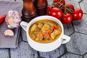 Traditional yellow Thai curry with chicken photo