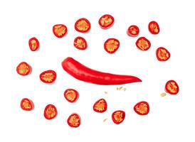 Top view set of fresh red chili pepper with slices or pieces isolated on white background with clipping path photo