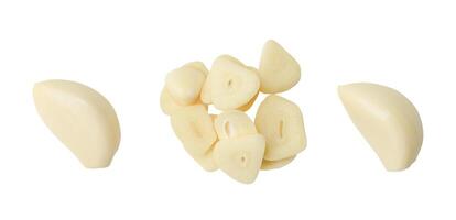 Top view set of garlic clove and slices or pieces isolated on white background with clipping path photo