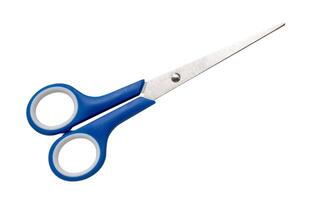 Top view of multipurpose scissors with blue handle isolated on white background with clipping path photo