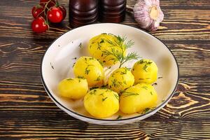 Boiled potato with oil and dill photo