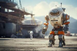 AI generated A robot at the cosmodrome of the future . The concept of the future, technology, unmanned robot photo