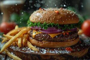 AI generated Burger with bacon, meat, cheese, tomatoes and herbs and fried potatoes on the table. Close-up photo