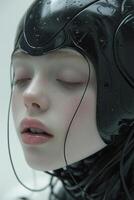 AI generated The girl in the stylish black helmet of the future. Robotization photo