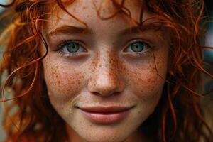 AI generated Portrait of a young red-haired woman on a street background. Long curly red hair photo