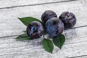 Raw purple plums heap with leaves photo