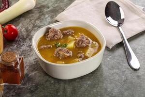 Soup with beef meatball and vegetables photo