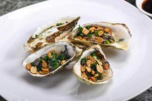 Open half oysters with green onion photo