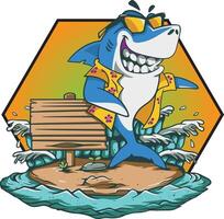 un dibujos animados tiburón con un firmar en un isla. vector